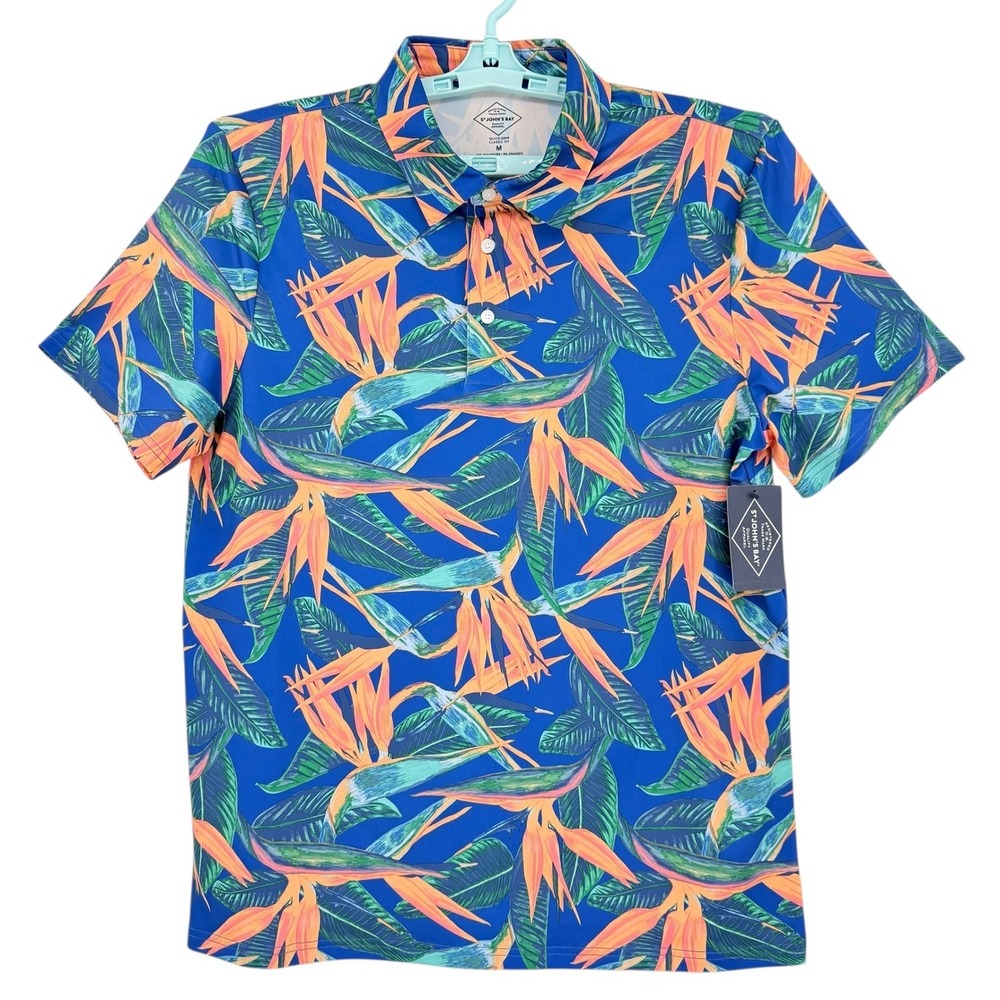 ST JOHNS BAY Men's Polo Shirt Size M Blue Tropical Bird Quick Dry Polo Shirt NWT